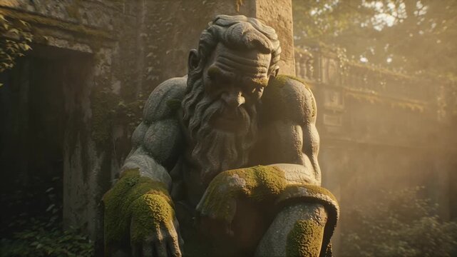 3D animation of a 100-year-old Thinking Man statue coming life, stone fragments floating, glowing holographic particles weathered stone moss cracks time, cinematic golden hour lighting dynamic shadows