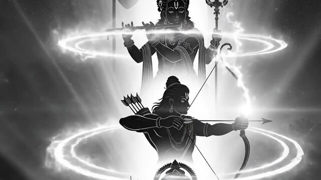 Animated lineup of shiva krishna rama ganesha hanuman rising with glowing divine energy aura showing hindu spirituality power faith devotion culture motion art inspiration