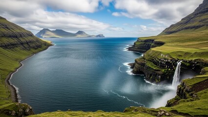 Serene landscape with waterfall flowing into ocean bay