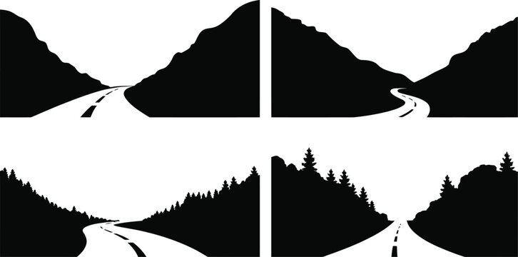 Mountain Road Valley Landscape Silhouette set