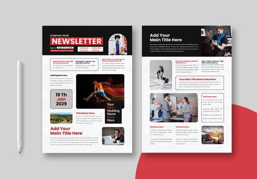 Newsletter Design Layout With Red And Black Accents