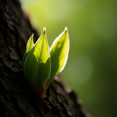 New Green Leaves Budding on a Branch with Morning Dew