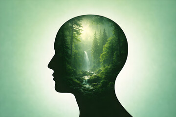 Conceptual image of a lush green forest and waterfall inside a human head silhouette, symbolizing mental health, inner peace, and nature therapy.