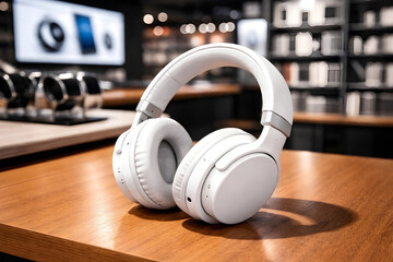 White wireless headphones displayed prominently on a wood table in a modern electronics store, showcasing audio technology.