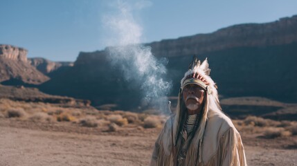 Native american elder in traditional headdress performing spiritual smoke ritual in desert canyon landscape under clear blue sky