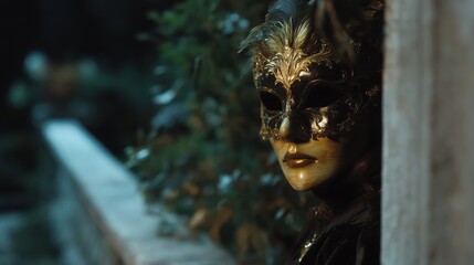 Woman wearing an elaborate venetian masquerade mask, adorned with intricate gold patterns and black feathers, looking out from behind a stone wall with a blurred green background