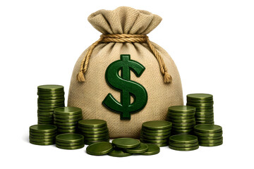 Burlap money sack with dollar symbol and stacks of green coins, symbolizing wealth, savings, and financial success. Isolated 3D render.