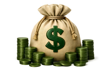 Money bag with dollar sign and stacks of green coins isolated on white background. Financial success, wealth and savings concept.