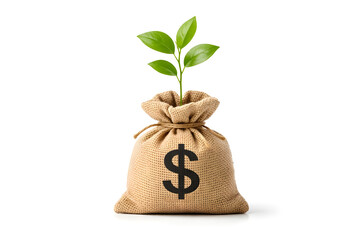 Investment growth concept: Green sprout growing from burlap money bag with dollar sign, isolated on white background.