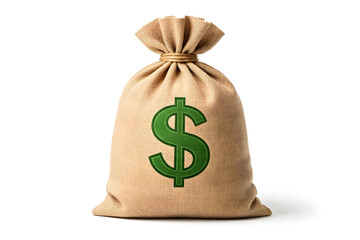 Full burlap money bag with green dollar sign isolated on a white background, symbolizing finance, wealth, and saving.