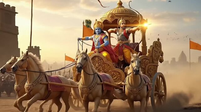 Animated Krishna guiding Arjun on royal chariot driven by galloping horses across kurukshetra battlefield with motion glow spiritual courage dharma and devotion in india