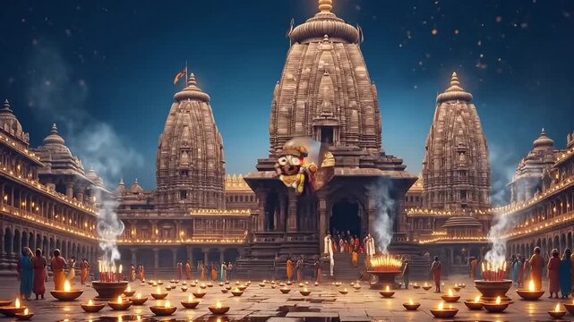 Vibrant animated Jagannath idol with flowing flower garlands in front of illuminated Puri temple with shining lamps incense and divine spiritual motion for worship devotion culture