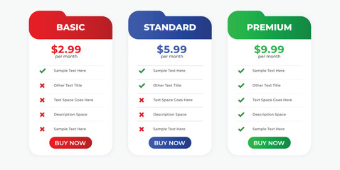Modern Pricing Table with Basic, Standard, and Premium Subscription Plans