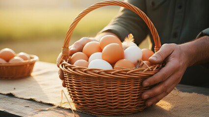 Man holding a wicker basket full of farm fresh organic chicken eggs. Concept of natural healthy food and rural lifestyle for grocery store.