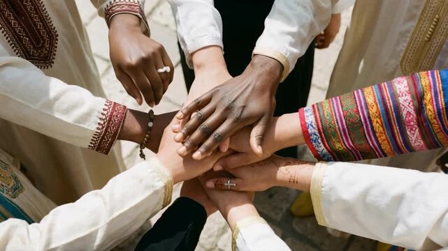 Top view of diverse hands stacking together in a circle symbolizing unity and peace. Group of people in traditional cultural attire joining hands outdoors. Interfaith community concept