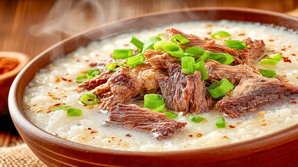 A warm bowl of rice porridge (congee) with pieces of tender stewed beef and chopped green onions on top.