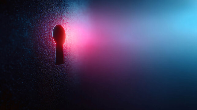 The neon silhouette of a keyhole glows against the background of an electric chip and vertical data. Access, cybersecurity, and digital information protection.