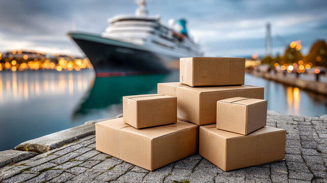 A stack of cardboard boxes on a dock, with a blurred container ship and cranes in the background; exports, imports, and logistics of coastal terminals.