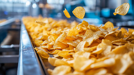 Crispy potato chips move along a conveyor belt in a food production facility, a concept of a snack factory and industrial food preparation.