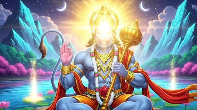 Animated spiritual scene of Shri Hanuman seated in deep meditation with glowing light aura flowing water and lotus valley ambiance perfect for worship devotion and bhakti shows