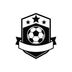 Obraz premium Black and white soccer logo with shield, stars and blank ribbon banner 