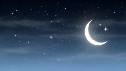 Beautiful crescent moon and bright stars glowing in a deep blue twilight sky with wispy clouds.