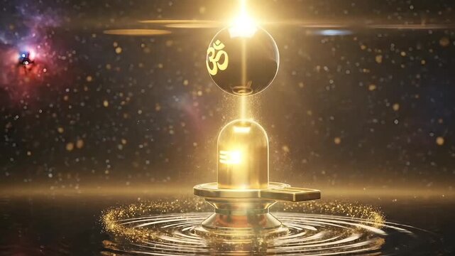 Maha shivratri animation of golden shivling with glowing om symbol and sparkling divine light showing hindu worship devotion ritual meditation and spirituality motion celebration