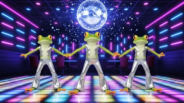 Three dancing frogs in silver outfits groove under a disco ball on a vibrant dance floor