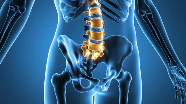 Medical illustration of human spine and pelvis anatomy on blue background