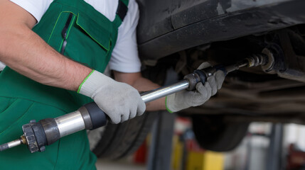 Technician performs suspension repair using tool in garage, showcasing attention to detail and safety. environment is well lit and organized, emphasizing professionalism