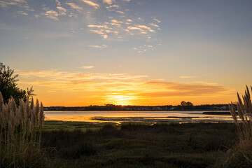 Sunset above coastal lagoon framed by reeds and grasses in Furadouro Portugal, Ovar &ndash; Furadouro, 12 November 2025