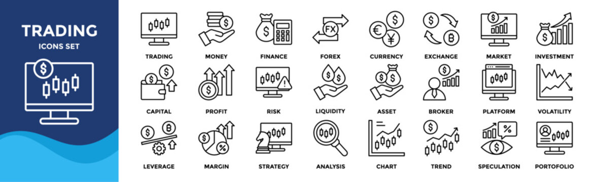 Trading icon collection. Containing finance, forex, investment, profit, risk, market analysis, assets, liquidity, and portfolio 