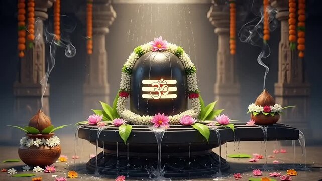 Maha Shivratri animation of shiva shivling with water abhishek lotus flowers garlands incense and glowing om symbol inside temple presenting hindu devotion ritual prayer spirituality motion