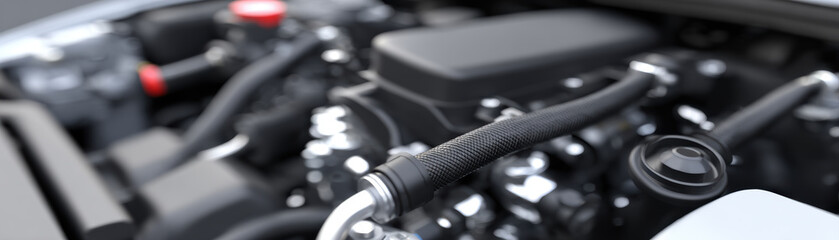 Modern engine components showcase intricate design and engineering. This close up image highlights oil filling system, featuring detailed hoses and metallic parts, emphasizing high fidelity