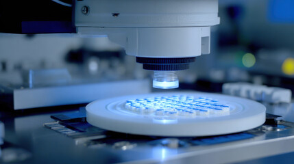 High tech microscope examining semiconductor wafer under ultraviolet light, showcasing precision and advanced technology in semiconductor lithography