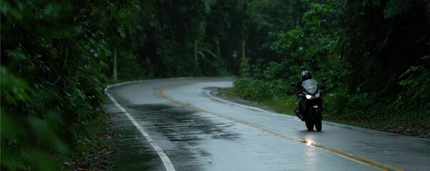 Motorcycle rides along wet, winding road through lush rainforest, surrounded by vibrant greenery. scene evokes sense of adventure and tranquility amidst nature beauty