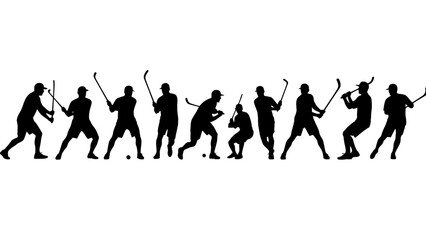 Silhouettes of multiple athletes playing field hockey with sticks and a ball in various action poses.