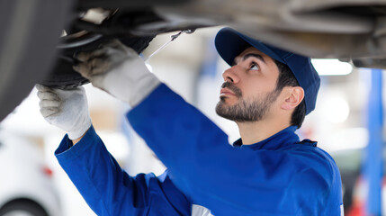 Automotive technician inspecting suspension system under vehicle, focused on maintenance and repair tasks. scene captures dedication and skill involved in automotive service
