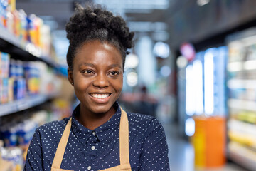 Cheerful african american supermarket employee in apron smiling while providing friendly customer service among fresh produce, confident, professional and happy at work