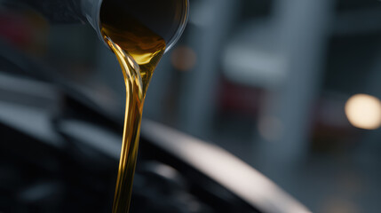 Golden oil pours from container into vehicle engine, symbolizing automotive maintenance and care. scene captures essence of vehicle upkeep and importance of quality oil