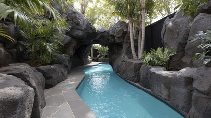 Serene jungle pool carved into volcanic stone, surrounded by lush greenery and tropical plants, offers tranquil escape in natural setting. winding waterway invites relaxation and exploration