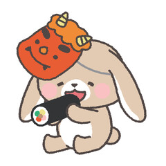 恵方巻を座って食べる　鬼の面をつけたたれみみうさぎ