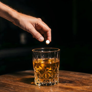 Hand dropping pill into alcoholic drink