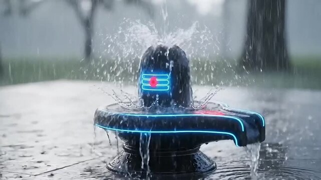 Maha Shivratri divine animation of glowing shivling in rain with water splash energy aura nature scene for hindu devotion prayer worship faith and mahadev celebration