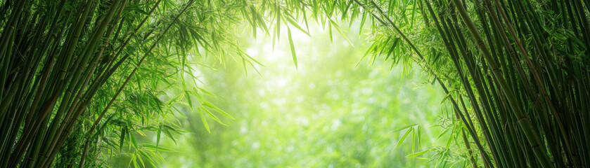 Lush bamboo forest creates serene natural archway with bending stalks, inviting tranquility and peace. vibrant green hues enhance calming atmosphere of this enchanting scene