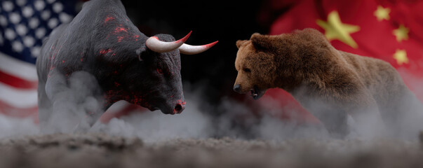 Bull and bear facing off in dramatic confrontation, symbolizing market competition under USA and China flags. scene evokes tension and intensity in financial world
