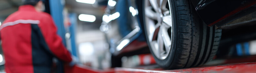 Technician works on car elevated on hydraulic lift, focusing on safety and precision in well lit automotive workshop. scene conveys professionalism and attention to detail