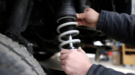 Mechanic hand checking shock absorber during vehicle maintenance, ensuring proper functionality and safety. focus is on detailed inspection process, highlighting importance of vehicle upkeep
