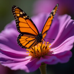 Monarch Butterfly Pollinating a Pink Cosmos Flower in Bright Sunlight