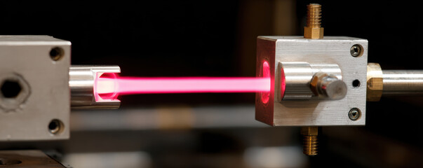 High tech equipment showcasing laser beam emitting from precision device, highlighting intricate design and engineering involved laser technology. vibrant pink color of laser adds striking visual
